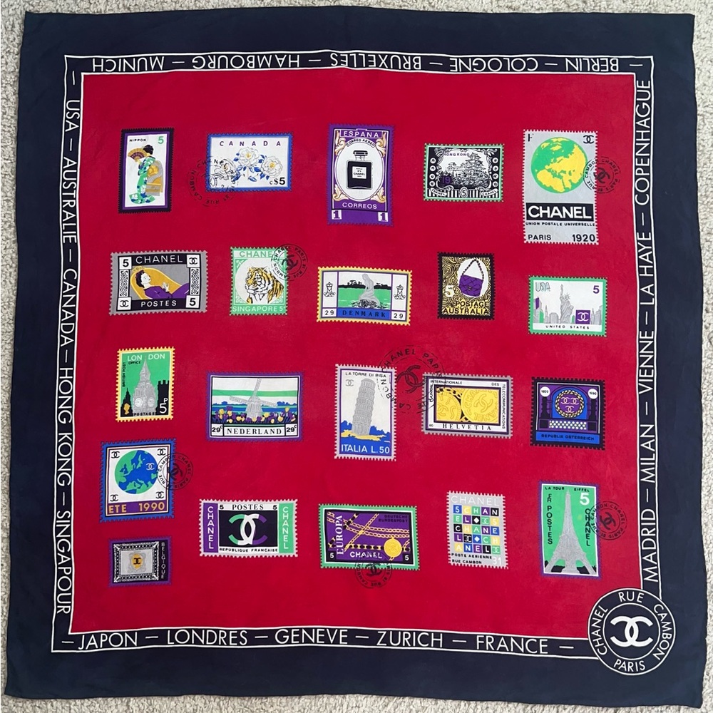Authentic Chanel World Stamp Silk Scarf